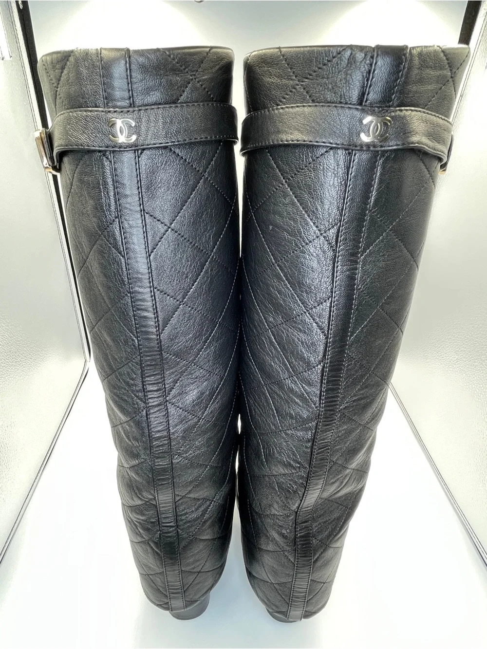 Rare Runway Chanel Black Quilted Knee-High Women's Leather Boots